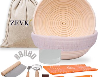 May include: A bread-making kit featuring a round, woven banneton basket with a linen liner, a dough scraper, a lame with blades, a dough whisk, a pastry brush, and a silicone baking mat. A canvas bag with the text "ZEVK" is also included.