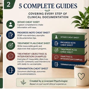 May include: A stack of five colored books titled Intake Cheat Sheet, Progress Note Cheat Sheet, Treatment Plan Cheat Sheet, Objectives & Intervention Examples, and Termination Cheat Sheet, next to a white mug with a heart icon.