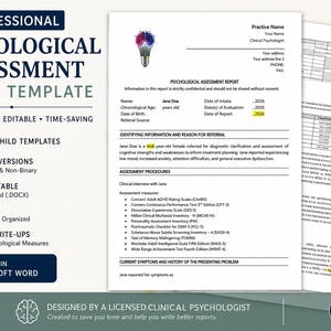 Könnte beinhalten: Eine Vorlage für einen psychologischen Beurteilungsbericht im Microsoft Word-Format. Das Dokument enthält Abschnitte zur Identifizierung, zu Bewertungsverfahren und zur klinischen Vorgeschichte sowie eine Gehirn-Glühbirnen-Grafik.