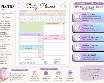 Daily Planner Printable PDF | All-in-One Daily Planner | Productivity Planner | Daily Schedule | Habit Tracker | Instant Download