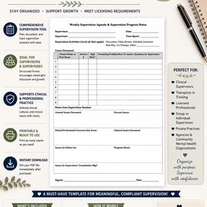 Editable Clinical Supervision Form | Therapist Supervision Documentation Template | Weekly Supervision Notes | Microsoft Word (.DOCX)