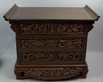 Caja de joyería asiática de madera tallada a mano, grande y elaborada, de estilo vintage, con forro rojo y animales.