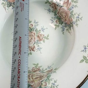 K&ouml;nnte beinhalten: Eine runde Keramikschale mit cremefarbenem Grund und einem Blumenmuster aus rosa Rosen und kleinen blauen Bl&uuml;ten. Ein Metalllineal liegt auf der Schale und zeigt einen Durchmesser von etwa 19 cm mit einem metallischen Rand.