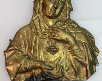 Vintage Virgin Mary Brass Wall Plaque