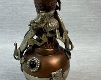 Antique 19th Century Chinese Asian Copper Brass Dragon Vase Vintage green Stones