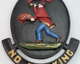 Fireman /Big Vintage Cast iron Firemark “NO SMOKING”w/Fireman Blowing Horn Alarm