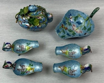 Rare 19th Century Fine Antique Chinese Enamel Copper Box And Scoop Spoon Cup Lot