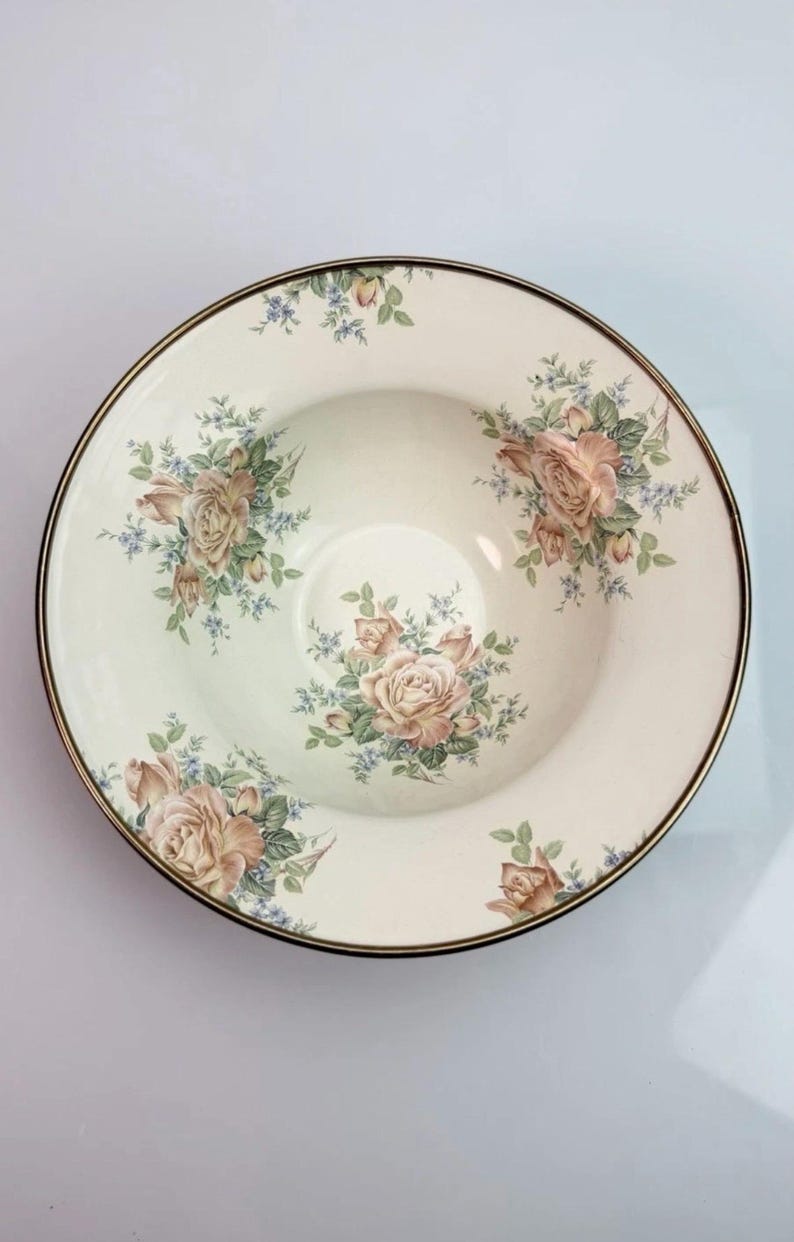K&ouml;nnte beinhalten: Eine runde Keramikschale mit cremefarbener Basis und einem Blumenmuster aus zartrosa Rosen und kleinen blauen Bl&uuml;ten. Die Schale hat einen breiten Rand und eine d&uuml;nne dunkelbraune oder schwarze Linie entlang der Au&szlig;enkante als Abschluss.