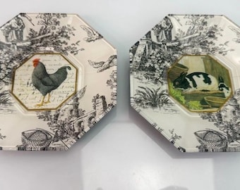 2 Marye Kelley Rooster/Rabbit Script Decoupage Glass Plates Signed