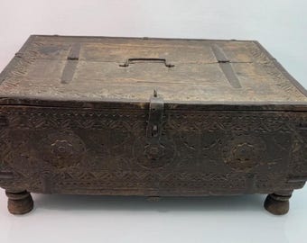 Antique Rajasthani Footed Chest Box India Spice Salt Box Ornate Carved Wood 19th