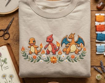 Charmander Charmeleon Charizard geborduurd shirt, gezellig handgemaakt Cottagecore fandomcadeau, poke fan cadeau, anime geborduurd, PKM comfortkleur
