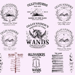 May include: A collection of black and white illustrations featuring the text "Ollivanders" and "Makers of Fine Wands." The designs include open books, wands, a unicorn, and the words "Diagon Alley, London."