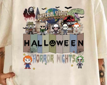 Maglietta Halloween Horror Nights 2026, maglietta con personaggi Chibi dei film horror degli Universal Studios, regalo per tutta la famiglia con un mix di cattivi slasher per la stagione spettrale.