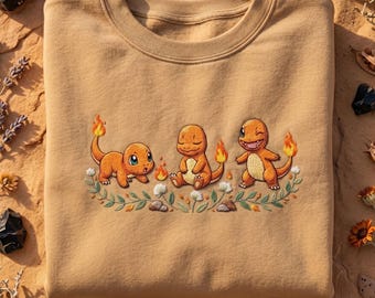 Charmander Embroidered Shirt, Cozy Handmade Cottagecore Fandom Gift, Poke Fan Gift, Anime Embroidered,PKM Comfort color,Cute PKM Embroidered