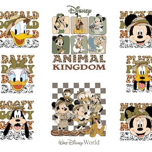 May include: A collection of Disney character graphics, including Donald Duck, Daisy Duck, Mickey Mouse, Minnie Mouse, Goofy, and Pluto, in safari-themed outfits. The text "Animal Kingdom" and "Walt Disney World" are also present.