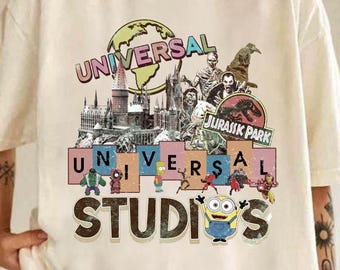 Maglietta retrò Universal Studios 2026, maglietta con mix di parchi a tema vintage, maglietta per vacanze in famiglia agli Universal Studios, regalo perfetto per il Castello Magico e il Parco dei Dinosauri.