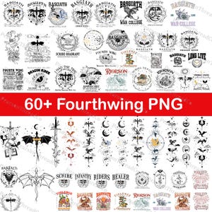 May include: A collection of over 60 PNG images featuring various fantasy and gothic designs. The images include dragons, swords, crests, and text elements like "Fourthwing" and "War College". The designs are in black and white.