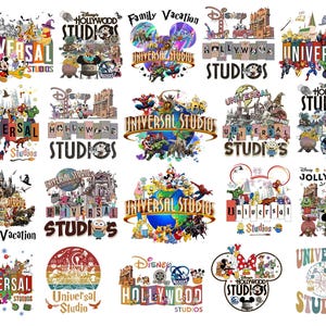 May include: Collection of colorful graphic designs featuring characters and logos from Universal Studios and Disney theme parks. Designs include text like "Universal Studios," "Hollywood Studios," and "Family Vacation."