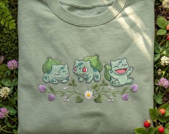 Geborduurd Bulbasaur-sweater, kawaii anime-borduurshirt, schattige poke ronde hals, PKM-T-shirt, pastelkleurige esthetiek, gamercadeau, Poke Fan-T-shirt