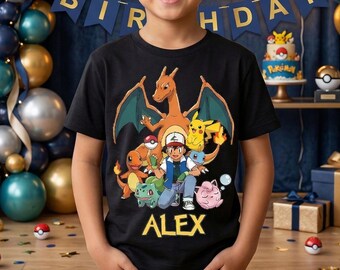 Poke.mon födelsedagströja, Pikachu Charizard barn-T-shirt, personlig Poke.mon partytröja, anpassad namn Poke.mon-tröja, Poke.mon-present pojke flicka