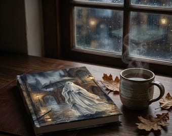 Puede incluir: Un libro de tapa dura con la ilustración de un fantasma blanco sosteniendo un paraguas en una calle empedrada de noche, junto a una taza de cerámica con líquido humeante y varias hojas de roble secas sobre una superficie de madera.