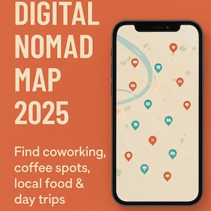 Può includere: Uno sfondo arancione con uno smartphone che mostra una mappa di Belgrado, Serbia. La mappa mostra vari indicatori di posizione. Il testo sullo sfondo recita "BELGRADE DIGITAL NOMAD MAP 2025" e "Find coworking, coffee spots, local food & day trips."