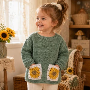 May include: A sage green long-sleeved crochet sweater featuring a round neckline and two square pockets on the front. Each pocket is decorated with a yellow and white sunflower granny square motif with a brown center.