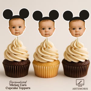 Mickey Ears Personalized Face Cupcake Toppers | Custom Cake Decorations | Personalized Party Decor | Mickey Ears Face Cupcake Toppers