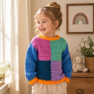 May include: A colorful, patchwork crochet sweater in shades of blue, pink, green, and purple. The sweater has long sleeves and a round neckline with orange trim. The child's sweater is handmade.