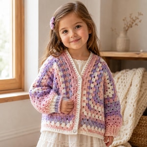 Può includere: Un cardigan colorato all'uncinetto nei toni del rosa, viola e bianco. Il maglione con bottoni presenta un motivo a granny square ed è indossato da una bambina. Il cardigan ha maniche lunghe e un bordo bianco.