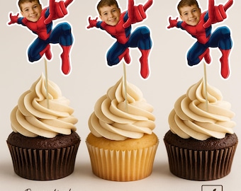Adornos para cupcakes con cara de superhéroe personalizados / Decoraciones para tartas personalizadas / Decoración de fiesta personalizada / Adornos para cupcakes con cara de superhéroe