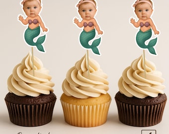 Gepersonaliseerde kleine zeemeermin-cupcaketoppers | Taartdecoraties op maat | Gepersonaliseerde feestdecoratie | Cupcaketoppers met gezichtje kleine zeemeermin