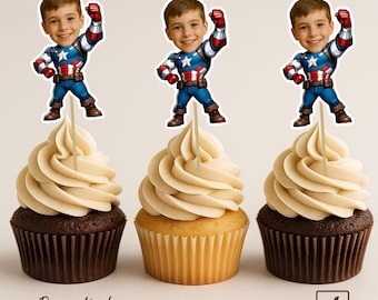 Adornos para cupcakes con cara de superhéroe personalizados / Decoraciones para tartas personalizadas / Decoración de fiesta personalizada / Adornos para cupcakes con cara de superhéroe