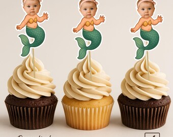 Gepersonaliseerde kleine zeemeermin-cupcaketoppers | Taartdecoraties op maat | Gepersonaliseerde feestdecoratie | Cupcaketoppers met gezichtje kleine zeemeermin