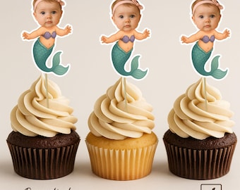 Gepersonaliseerde kleine zeemeermin-cupcaketoppers | Taartdecoraties op maat | Gepersonaliseerde feestdecoratie | Cupcaketoppers met gezichtje kleine zeemeermin