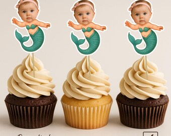 Gepersonaliseerde kleine zeemeermin-cupcaketoppers | Taartdecoraties op maat | Gepersonaliseerde feestdecoratie | Cupcaketoppers met gezichtje kleine zeemeermin
