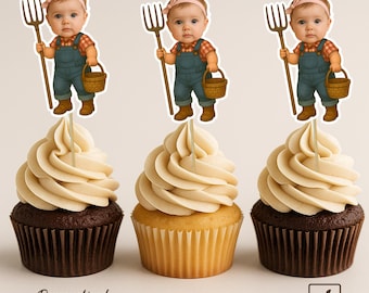 Adornos para cupcakes con cara de granjero personalizados / Decoraciones para tartas personalizadas / Decoración para fiestas personalizada / Adornos para cupcakes con cara de granjero / Adornos de granjero