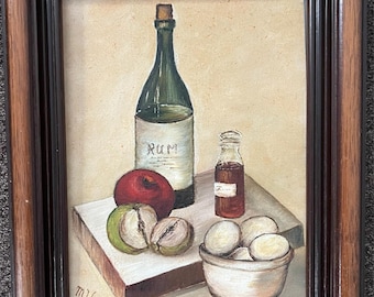 Original 1950s Stillleben- Gemälde - Rumflasche & Obst - Gerahmt 16x13 Signiert