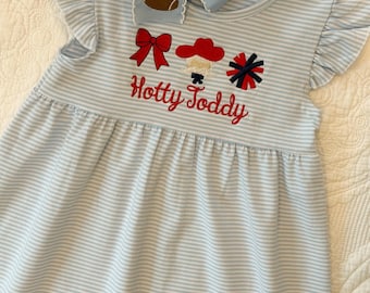 Ole Miss Girls Dress. Embroidered Light Blue Stripe Cotton Dress and Bow.