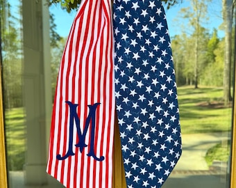 American Glag Wreath Sash. Personalized 4th July Patrotic Decor. Boxwood Wreath.