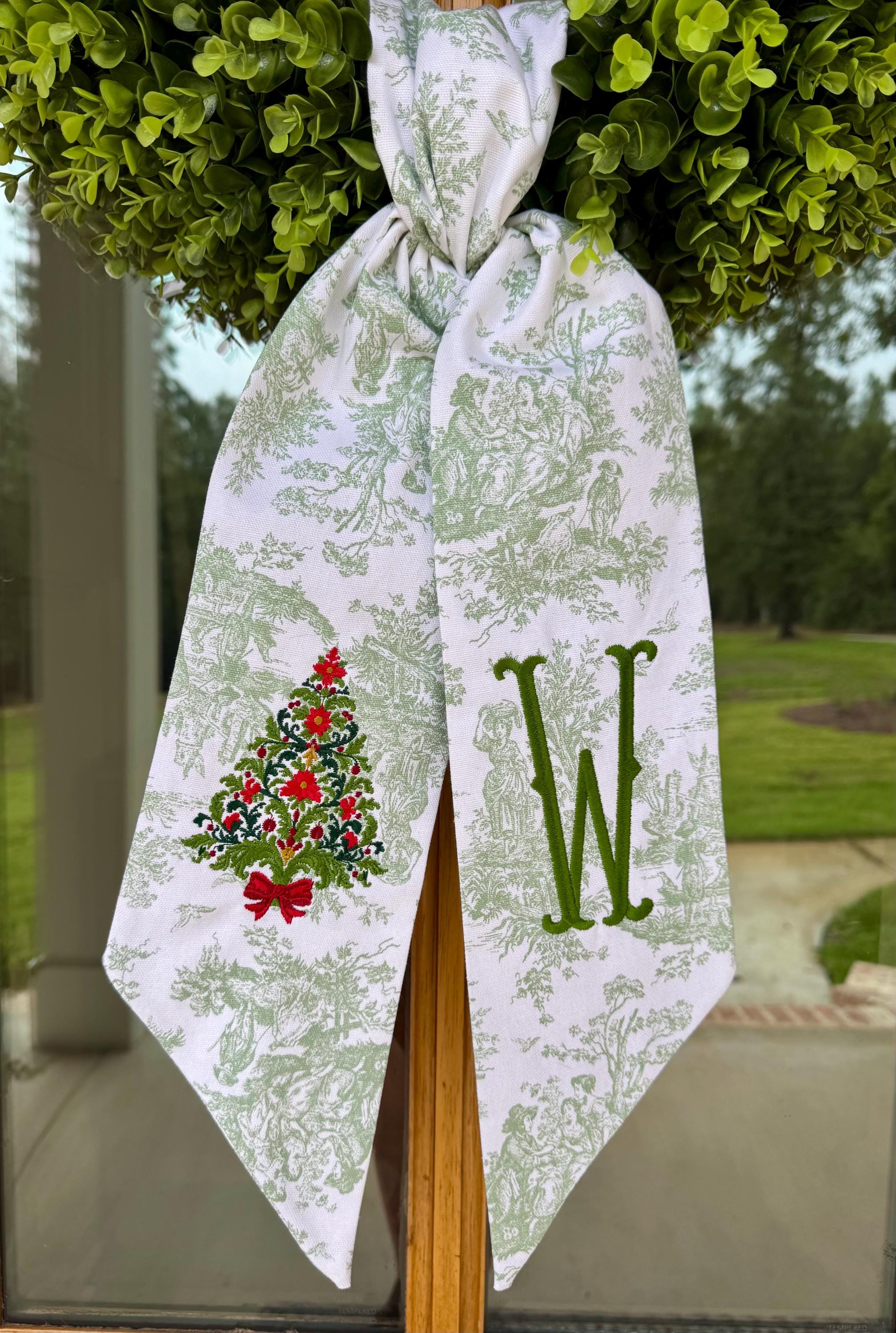Christmas Tree Wreath Sash. Toile Sash. Personalized Christmas Decor. - Sage Green Toile