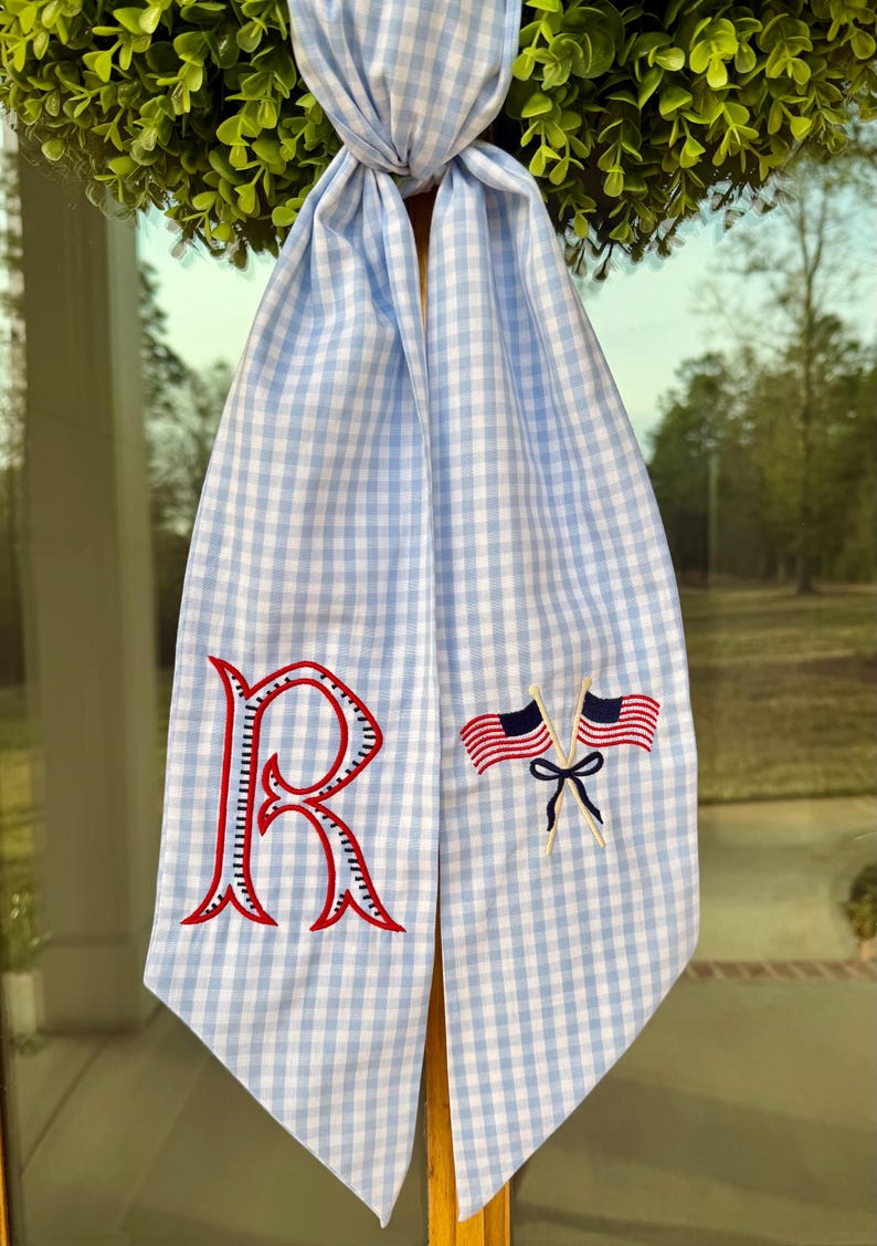 American Flag Wreath Sash. 4th of July. Summer Ginghan Wreath Sash