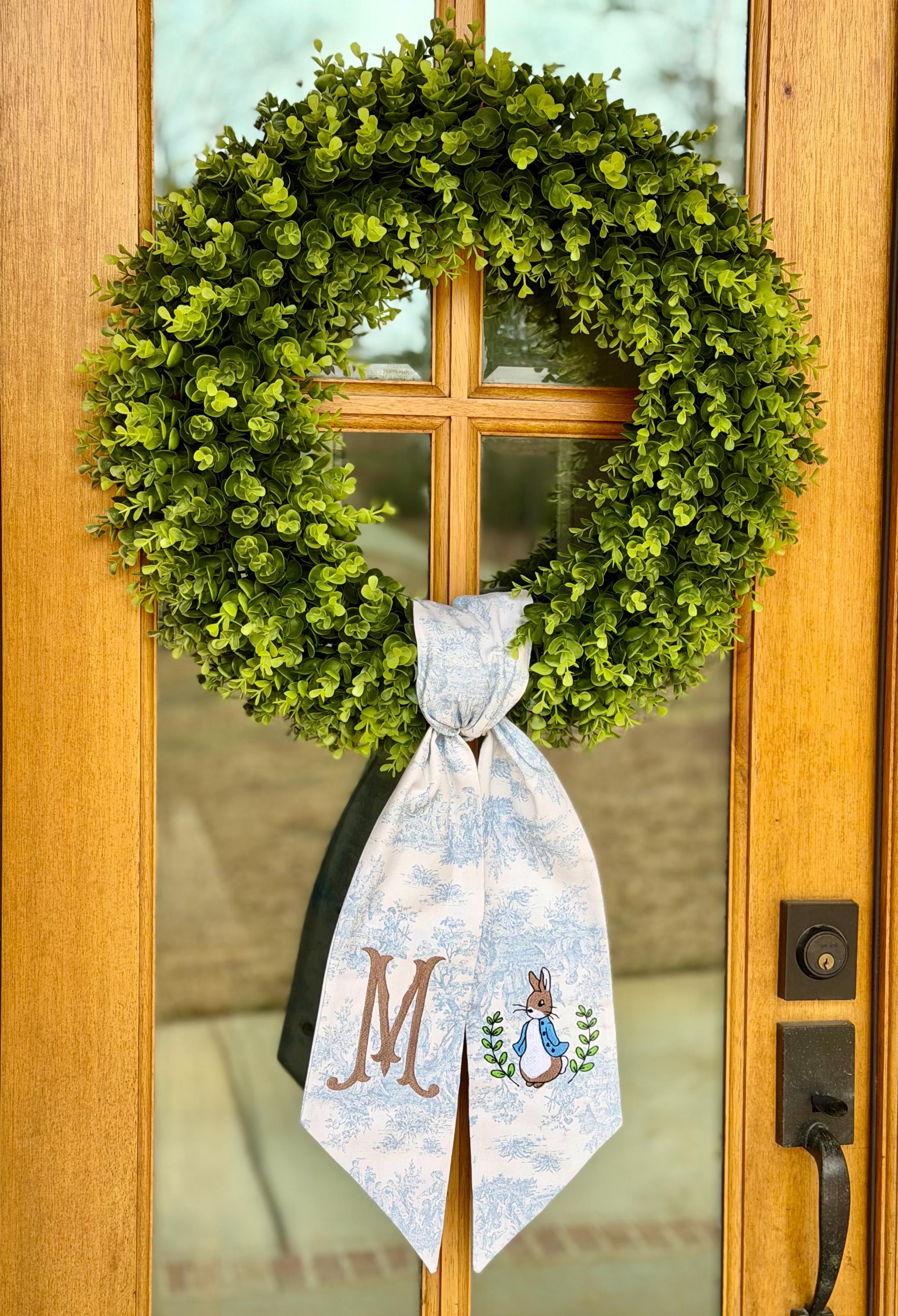 Peter Rabbit Wreath Sash. Blue Toile Sash. Boxwood Wreath. - Etsy