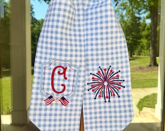 Patriotic Wreath Sash. Light Blue Gingham Door Decor. Boxwood Wreath.