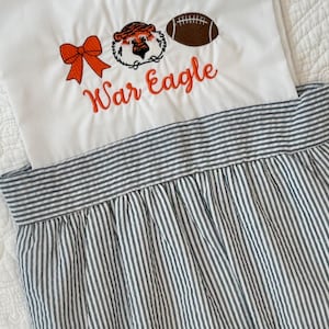 Girls Auburn Football Bubble. College Football. Embroidered Navy Seersucker Bubble.