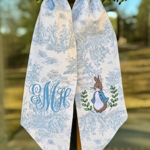 Peter Rabbit Wreath Sash. Blue Toile Sash. Boxwood Wreath.