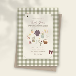 May include: Baby shower invitation with a green and white gingham border. The invitation features the text "Baby Jones" and illustrations of baby items and gardening tools. The date is 27.07.27.