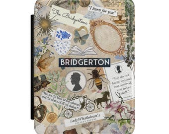 May include: A decorative case featuring a collage of vintage imagery, including butterflies, flowers, and text from "Bridgerton." The design incorporates a bee, a silhouette, and the words "The Bridgertons" and "Bridgerton."