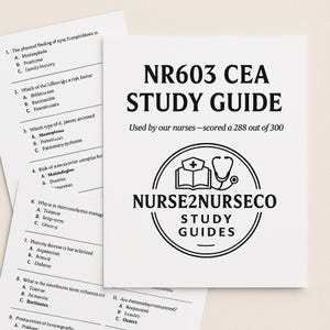 May include: A white study guide titled "NR603 CEA STUDY GUIDE" with the text "Used by our nurses - scored a 288 out of 300." The guide features a circular logo with a cross, book, and stethoscope. Additional study sheets are visible.
