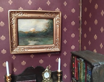 Hand-Painted Miniature Landscape Painting in Vintage-Style Frame, 1:12 Scale Dollhouse Art or Collector Gift